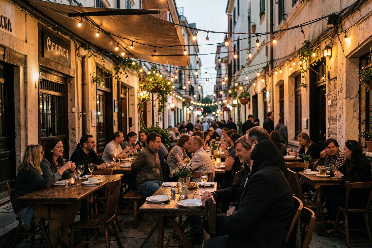 Τραπέζια σε εξωτερικό χώρο το βράδυ